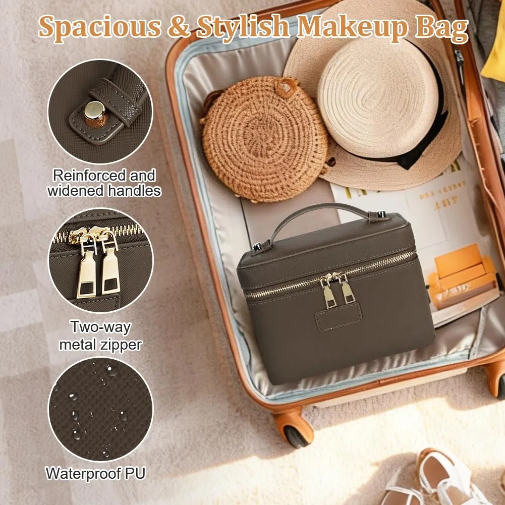 Bolsa de Aseo Mujer Maquillaje, Bolsas de Cosméticos de PU, Bolsa de Lavado de Viaje, Organizador Grande para Maquillaje, Neceser Makeup Bag Multifuncional, Regalo Ideal para Mujeres, Café Claro