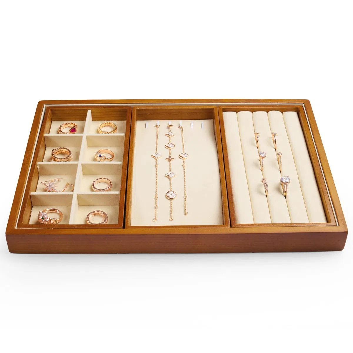 Oirlv Bandeja De Madera Apilable 4 En 1,Para Joyería Anillo Pendientes Pulsera Collar Bandeja Organizadora(Beige)