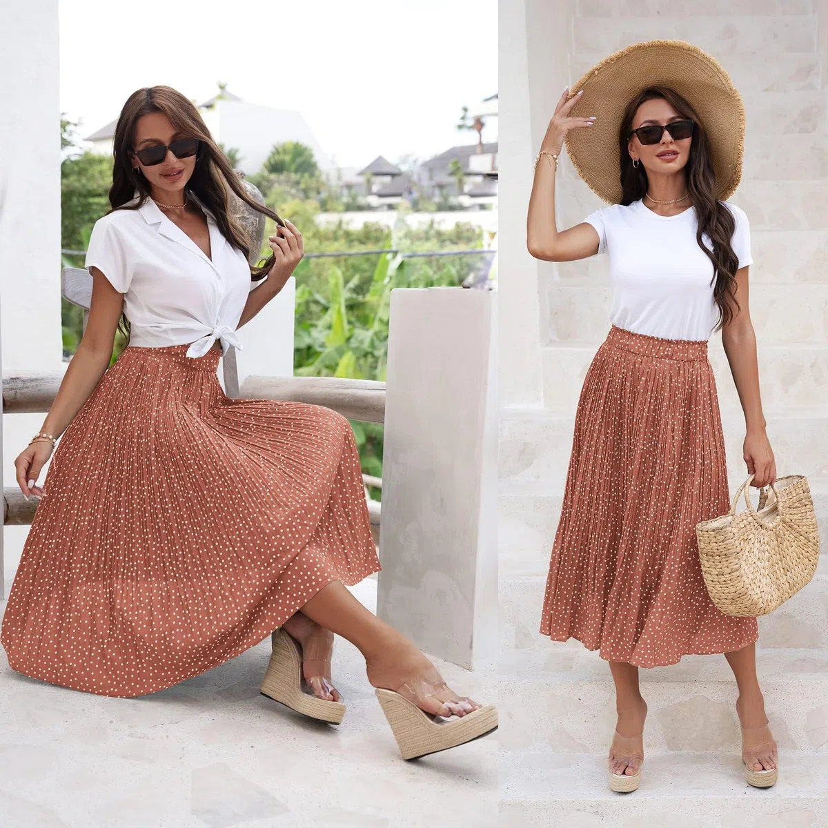 Parabler Falda de Gasa para Mujer, Estilo Bohemio, Retro, Falda Plisada, Falda de Verano, con Bolsillo