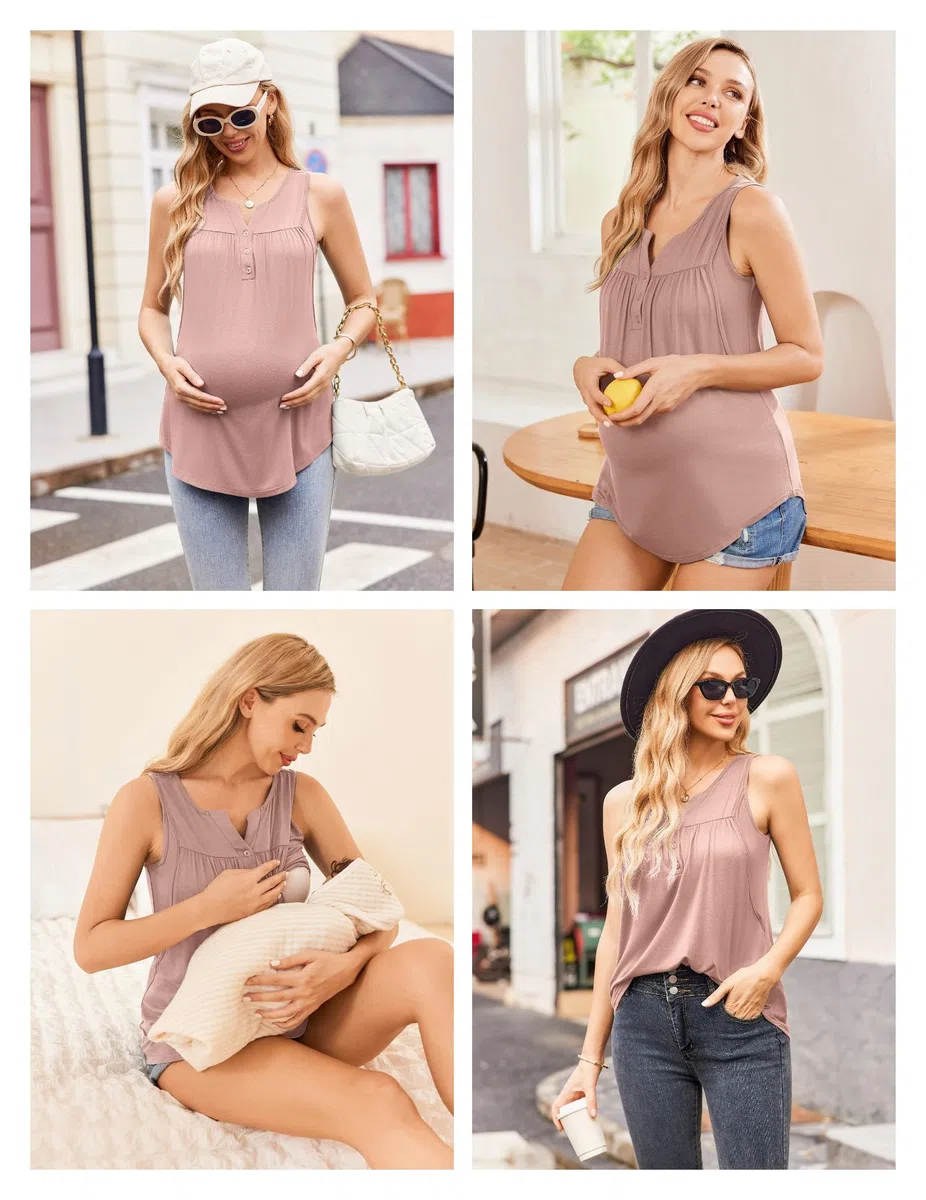 Ekouaer Camiseta sin mangas de maternidad para mujer, de doble capa, ropa de embarazo para verano