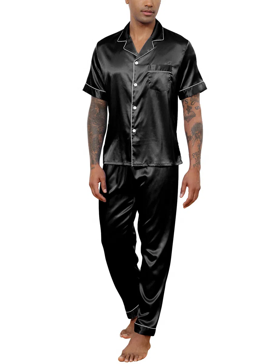 Pijama Hombre Satén Pijama de Seda para Hombre Manga Larga con Botones y Pantalones Largos Ropa de Descanso Conjuntos de 2 Piezas