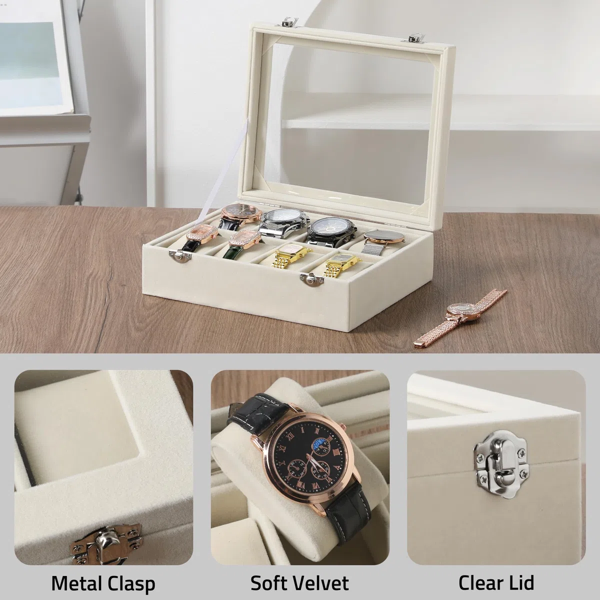 Frebeauty Caja de Reloj de 4 Ranuras con Tapa de Cristal, Organizadora de Terciopelo para Hombres y Mujeres, Almacenamiento con Cerradura, Estuche de Exhibición
