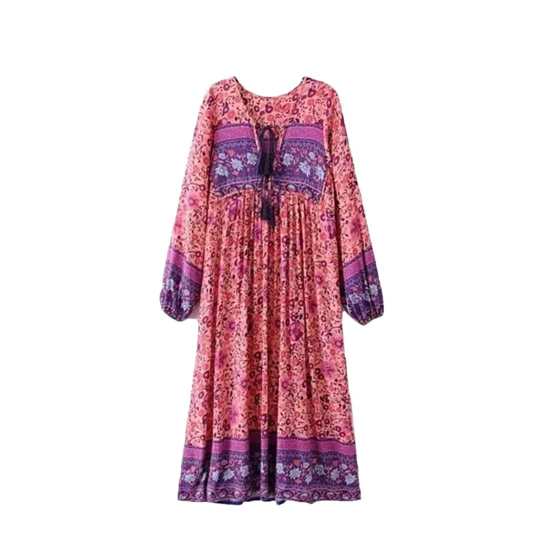 Vestido largo midi de rayón bohemio con estampado floral y cuello en V y manga larga con borlas para mujer