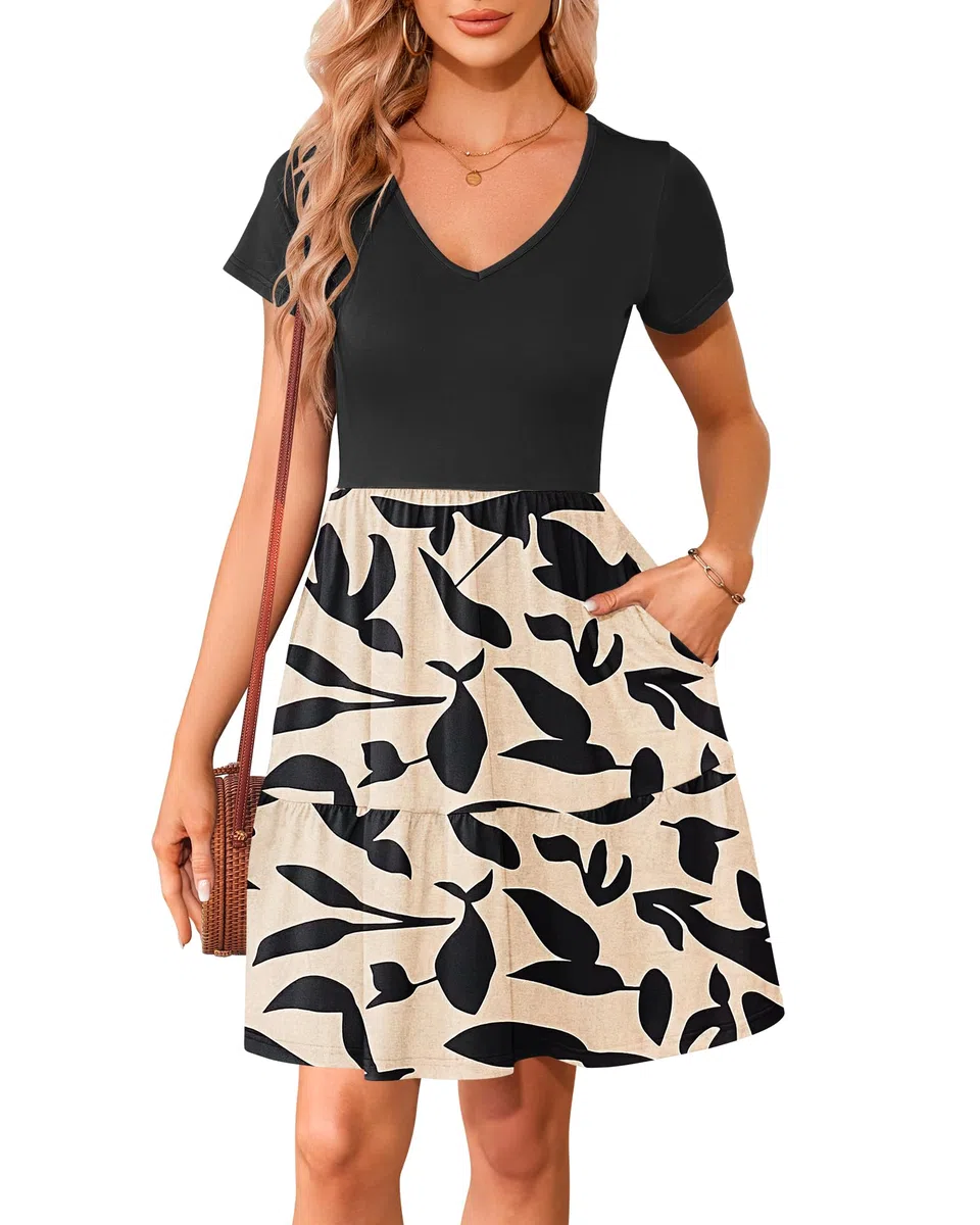 WNEEDU Mujeres Vestidos de Verano Cuello en V Manga Corta Vestidos de Playa Ruched Hem Casual con Bolsillos T Shirt Vestidos