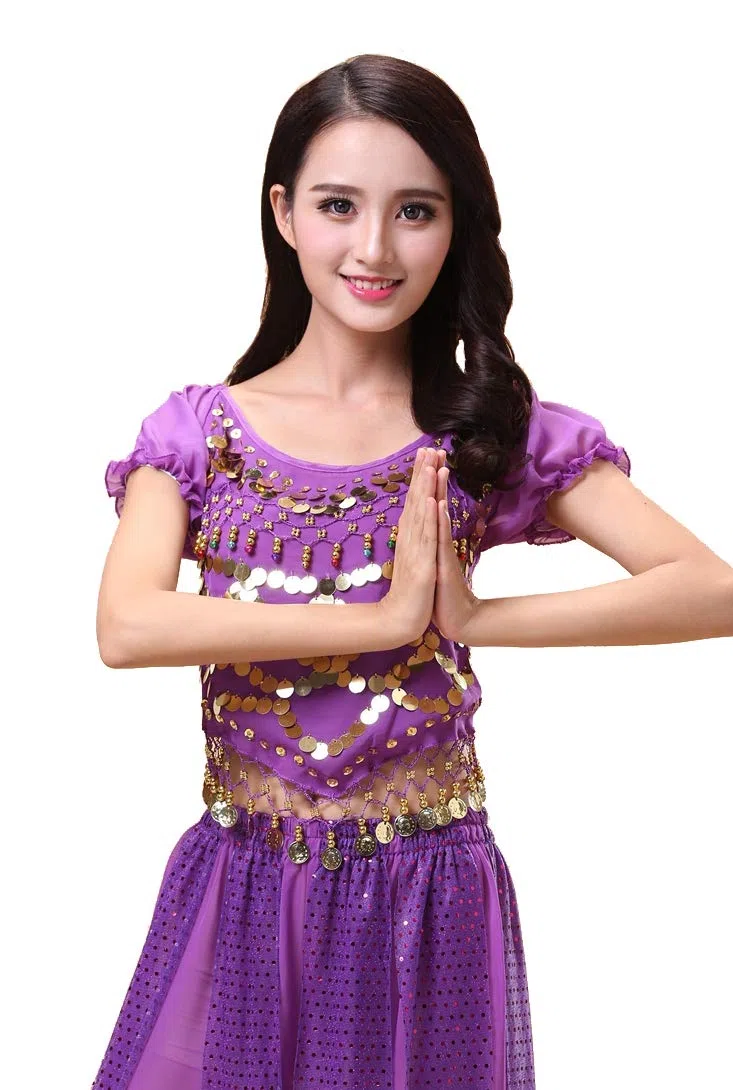 Bollywood Indian Princess Theme Belly Dance 2-Piece Costume Set Outfit for Women Girls with top and Pants (150-169cm, 30-60kg)
