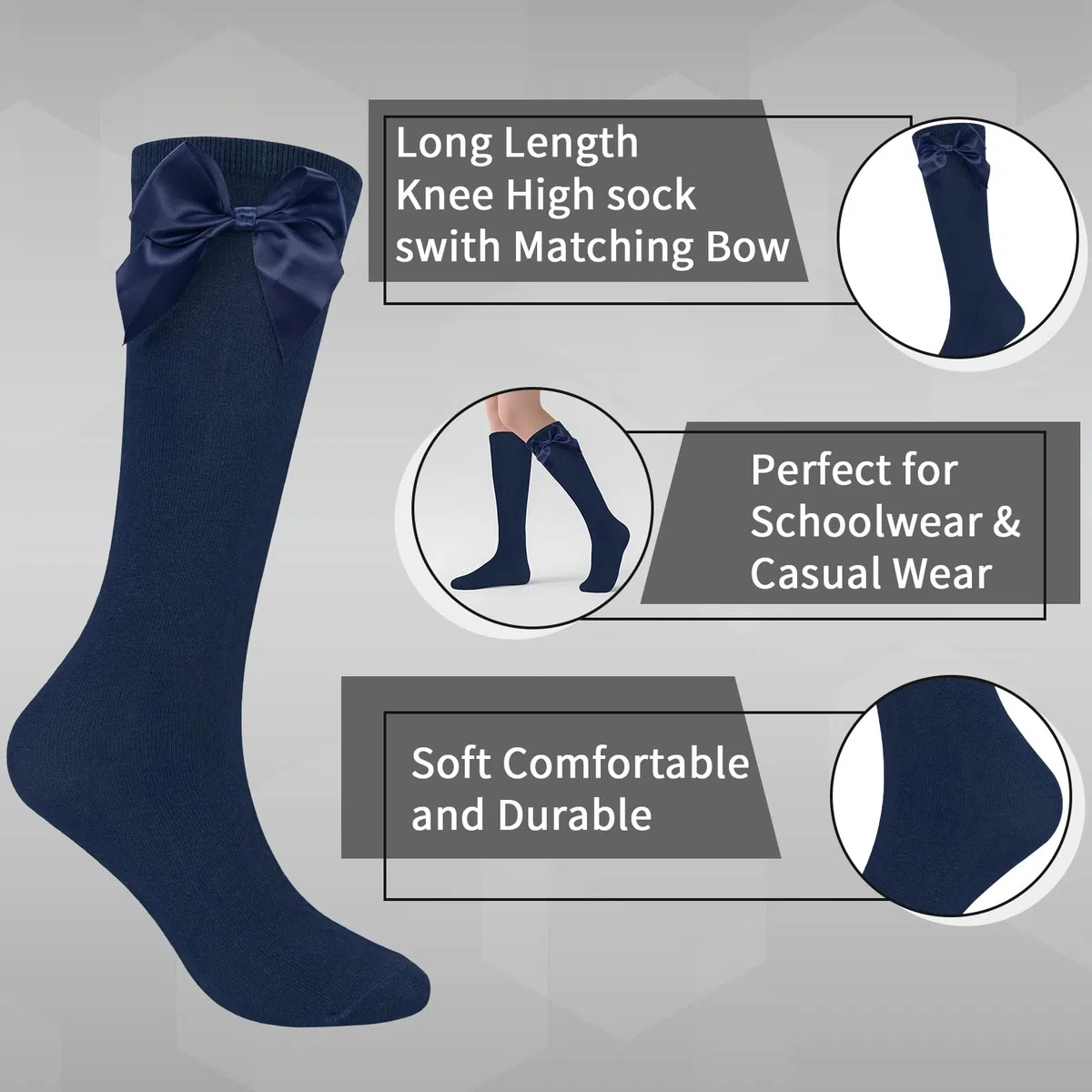 3 pares de calcetines hasta la rodilla para niñas con lazo de cintas esponjosas, calcetines largos de rodilla para la escuela secundaria