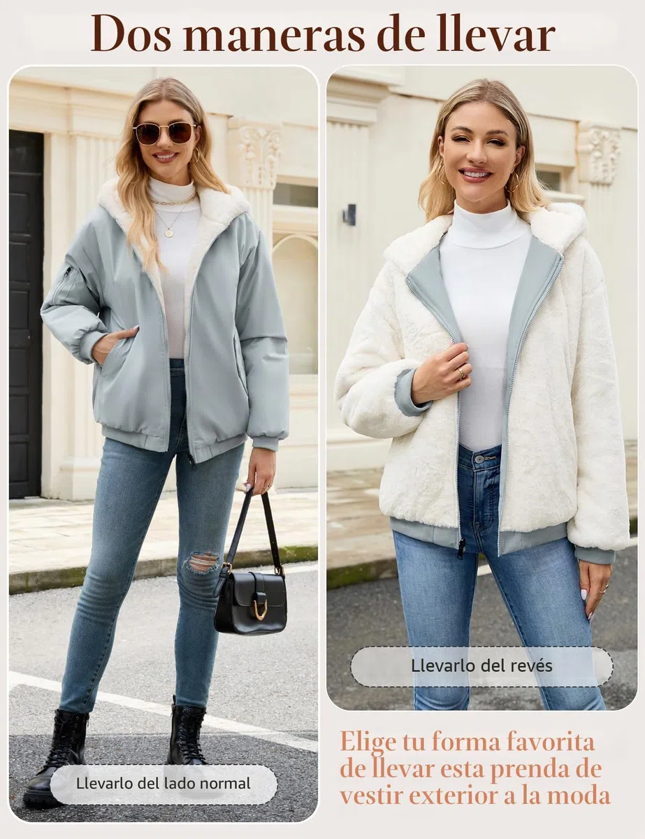 Vancavoo Chaqueta Reversible Mujer de Invierno con Capucha y Pelo Suave | Cazadora Corta con Cremallera, Puños de Canalé y Bolsillos en Ambos Lados para Uso Diario