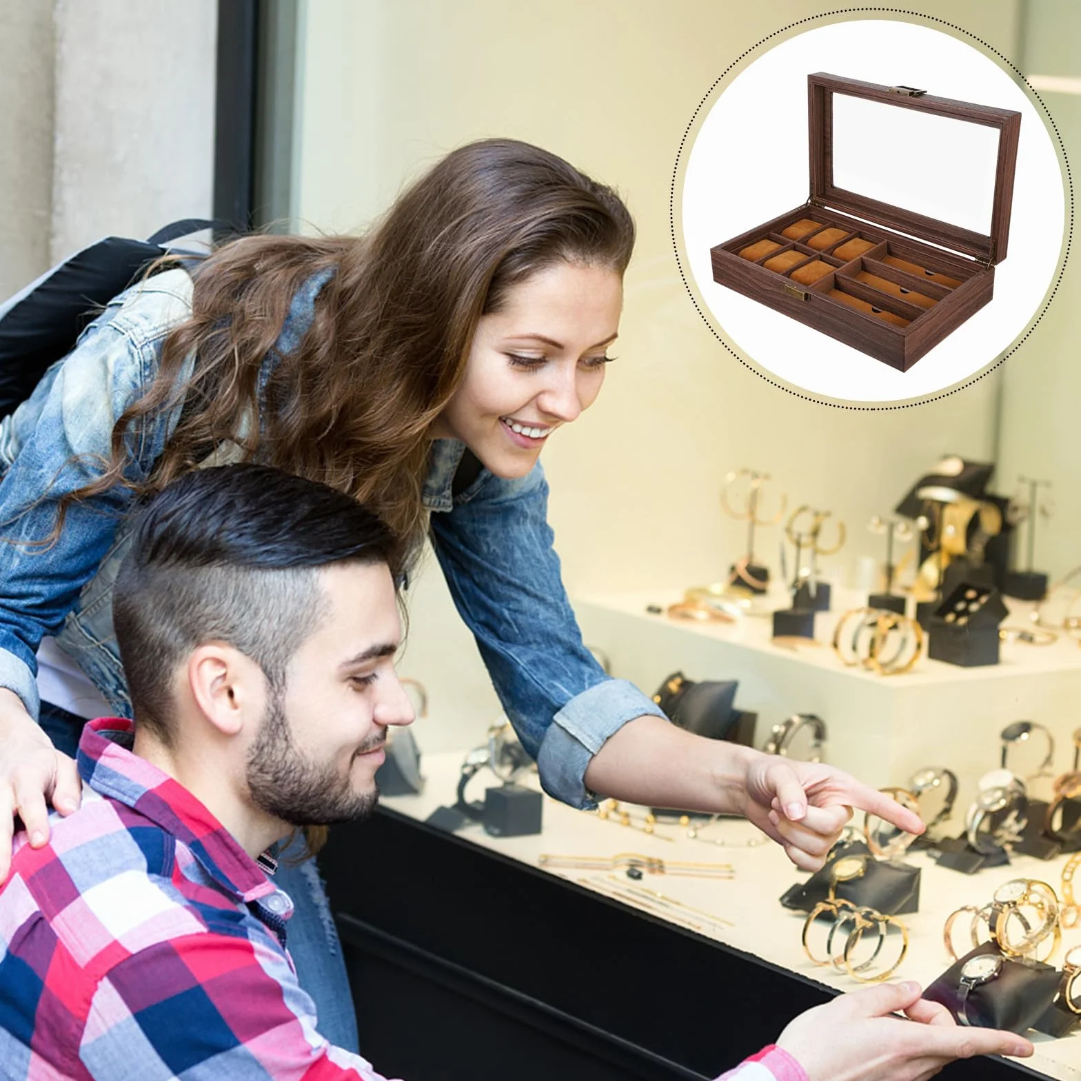 TOYANDONA Caja Organizadora y 3 Espacios Retro de Relojes y Gafas de Madera 6 Compartimentos Estuche Funcional para Almacenamiento y Exhibición para Relojes para Gafas