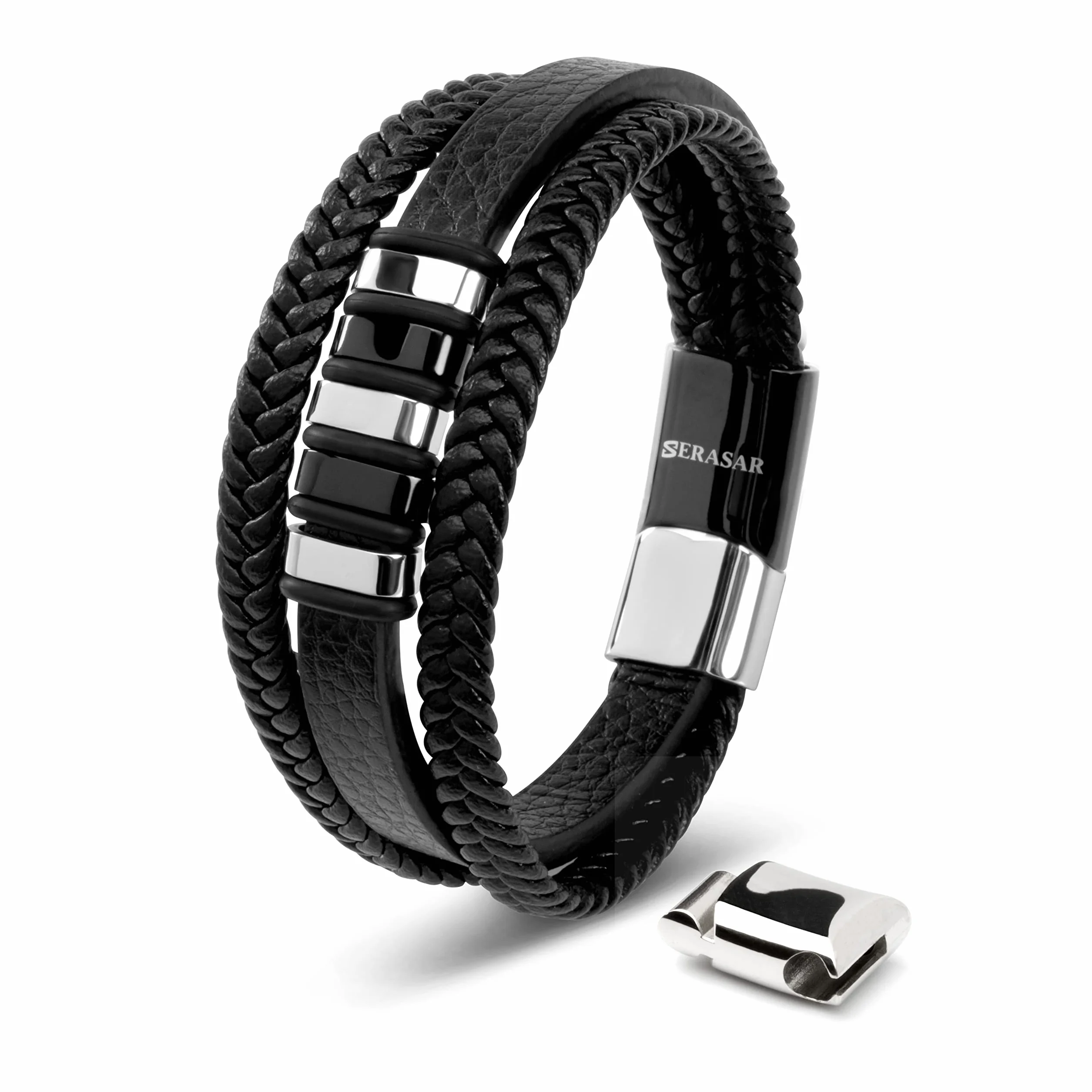 SERASAR | Pulsera de Cuero Premium [Glory] para Hombre en Negro | Cerradura Magnética de Acero Inoxidable en Plata y Oro | Joyero Exclusivo | Gran Idea de Regalo