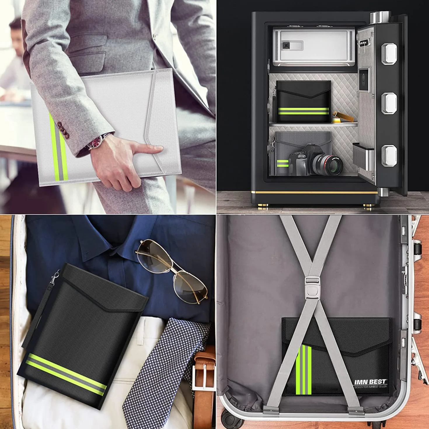 Bolsa de archivo ignífugo de 4 piezas,material de fibra de vidrio de doble capa,bolsa de almacenamiento de seguridad ignífuga e impermeable para proteger objetos de valor, pasaportes, documentos