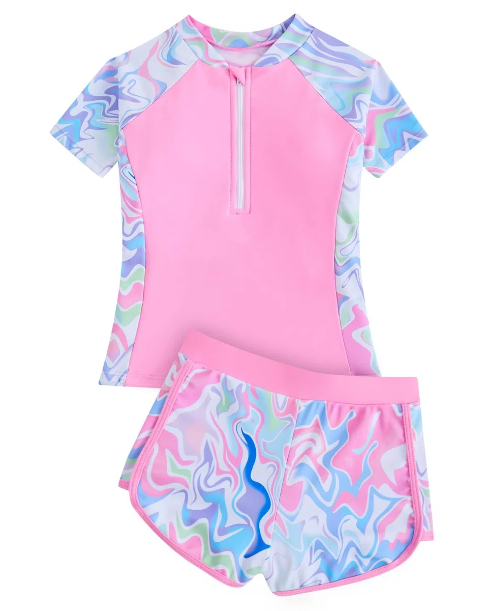 DivingBirds Traje de baño para niñas, brasier acolchado, manga corta, traje de baño con pantalones cortos de natación de 7 a 14 años