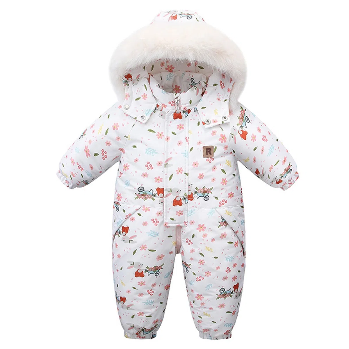 BRONG Bebé Invierno Mono de Nieve Mameluco niños Niñas Impermeable Monopieza con Capucha Traje de Esquí Forro Polar Al Aire Libre Estampado Cremallera Ropa