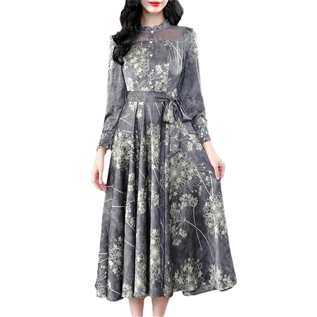 Vestido vintage de seda con estampado floral para mujer, manga larga, cuello alto falso, para fiesta, vestido midi, gris, S
