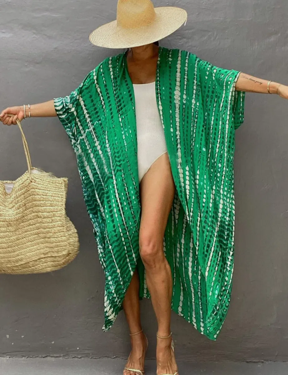 Mujer Kaftan Vestido de Playa Tie Dye Algodón Cárdigan Maxi Kimono Pareos y Camisola Camisas Playa Bohemia Boho Suelto Verano Traje de Baño Bikini Cover Up Talla Grande Elegante