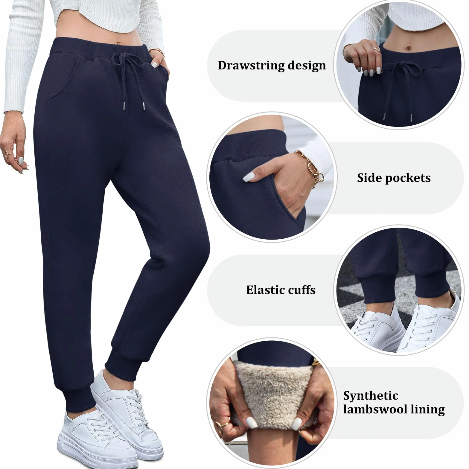 Pantalon Chandal Mujer, Pantalones Térmicos de Invierno, Pantalones Deportivos Informales con Forro Polar para Mujer con 2 Bolsillos y Cintura Elástica con Cordón