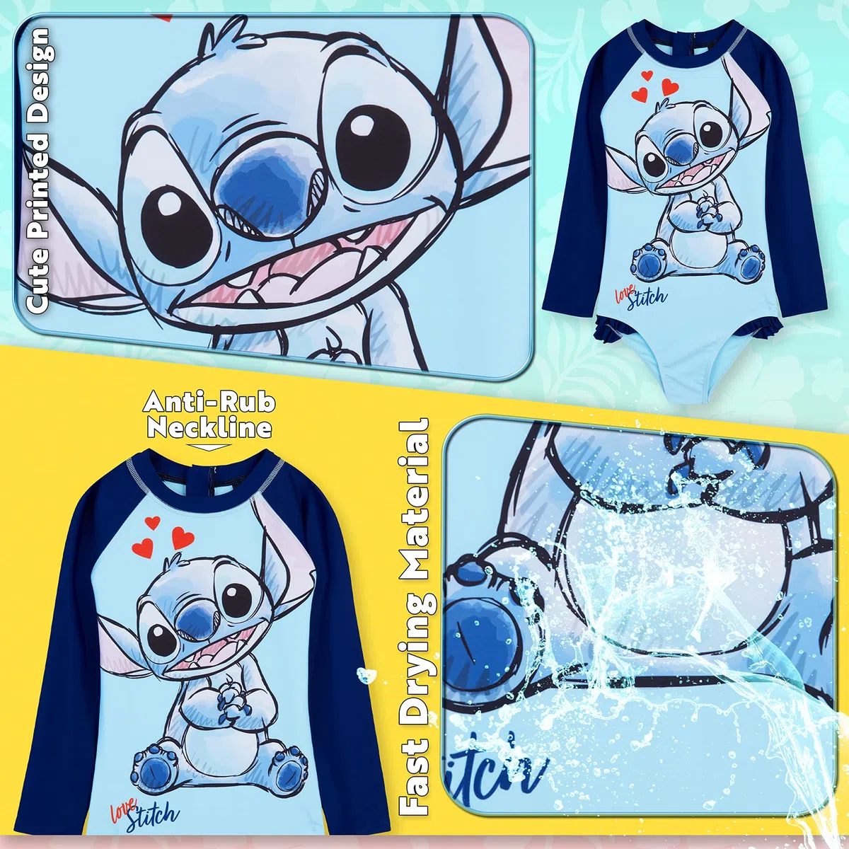 Disney Pieza Única Bañador para Niñas con Mangas Largas - Regalos de Stitch
