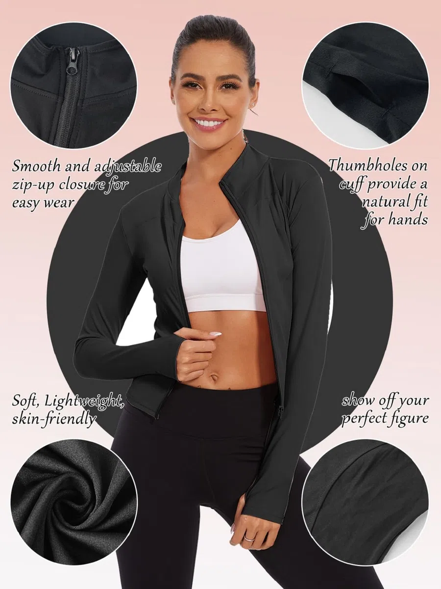 Yutdeng Chaqueta Running Mujer Sudadera con Cremallera Chaqueta Deportiva Manga Larga Secado Rápido Transpirable Ropa Deportiva Mujer Tops Correr Gym Yoga con Agujeros para Pulgar,Negro,S