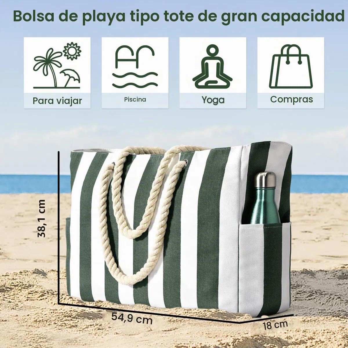 Becokan Bolsa de natación para mujer, impermeable, a prueba de arena, grande, a rayas, con cremallera