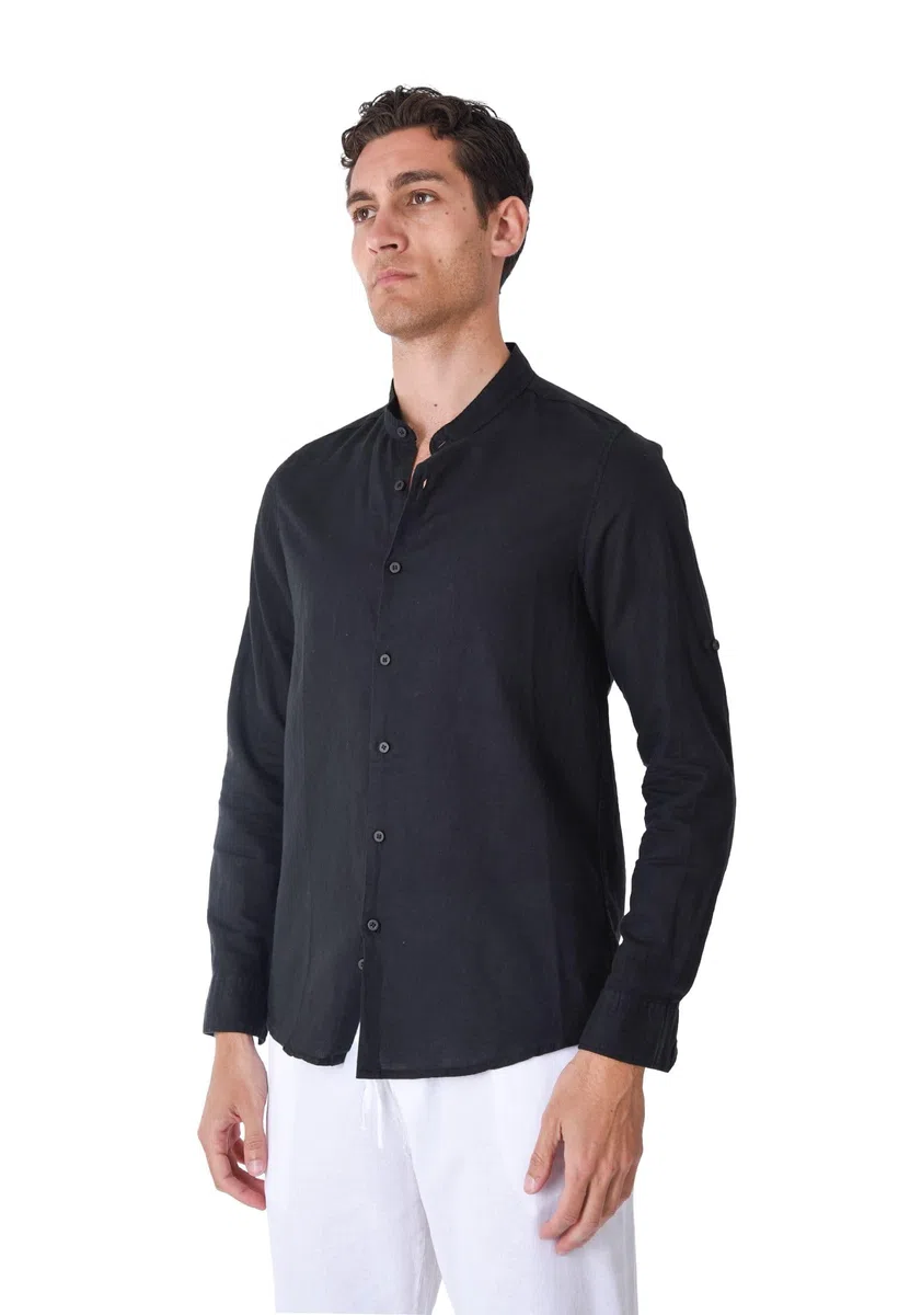 Camisa de hombre 100% lino cuello coreano blanco azul beige celeste negro rosa verde manga larga verano Slim Fit Serafino Sartorial Mangas revolables Negro L